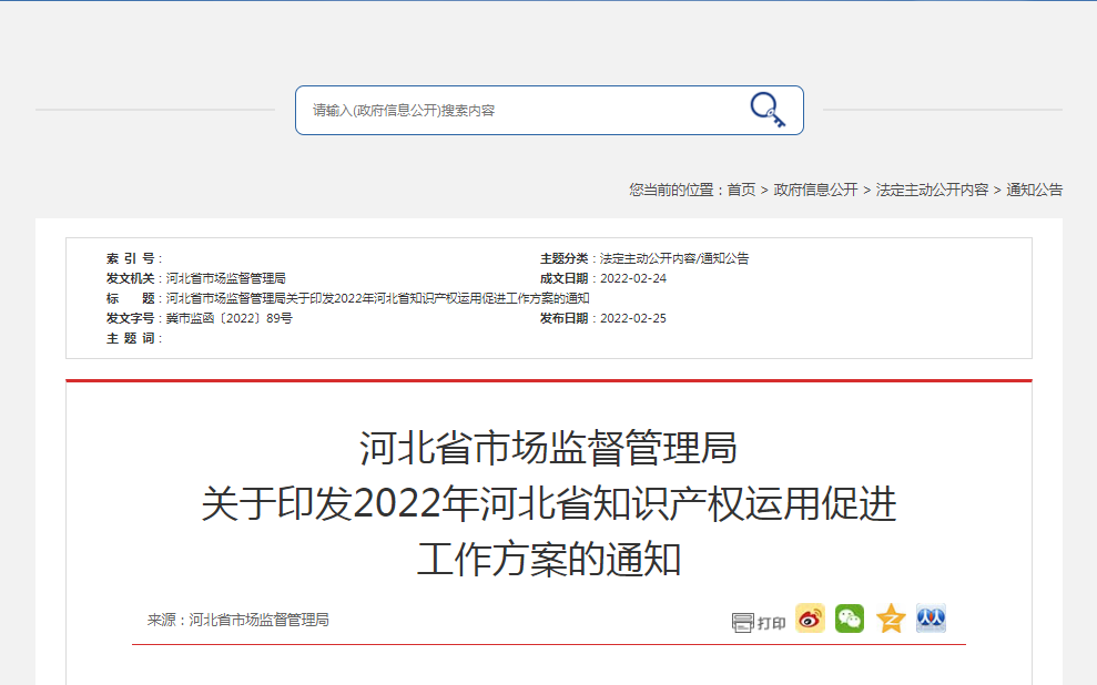 河北省市场监督管理局关于印发2022年河北省知识产权运用促进工作方案的通知